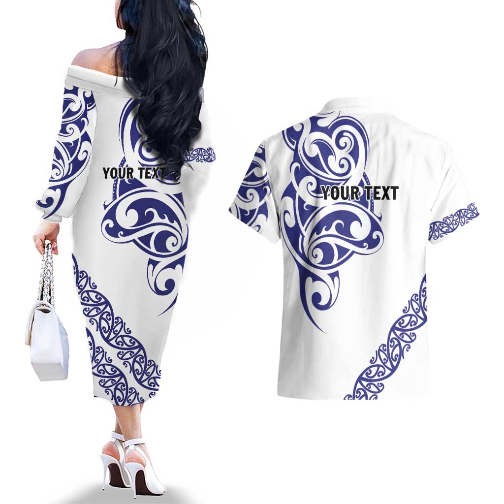 All White Maori Tribal Tattoo Personalised Couples Matching Off The Shoulder Long Sleeve Dress and Hawaiian Shirt Dark Blue Polynesian Style LT9 - Polynesian Pride