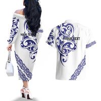 All White Maori Tribal Tattoo Personalised Couples Matching Off The Shoulder Long Sleeve Dress and Hawaiian Shirt Dark Blue Polynesian Style LT9 - Polynesian Pride