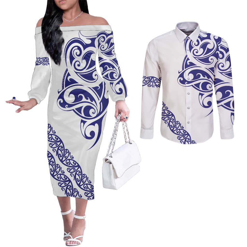 All White Maori Tribal Tattoo Personalised Couples Matching Off The Shoulder Long Sleeve Dress and Long Sleeve Button Shirt Dark Blue Polynesian Style LT9 Blue - Polynesian Pride