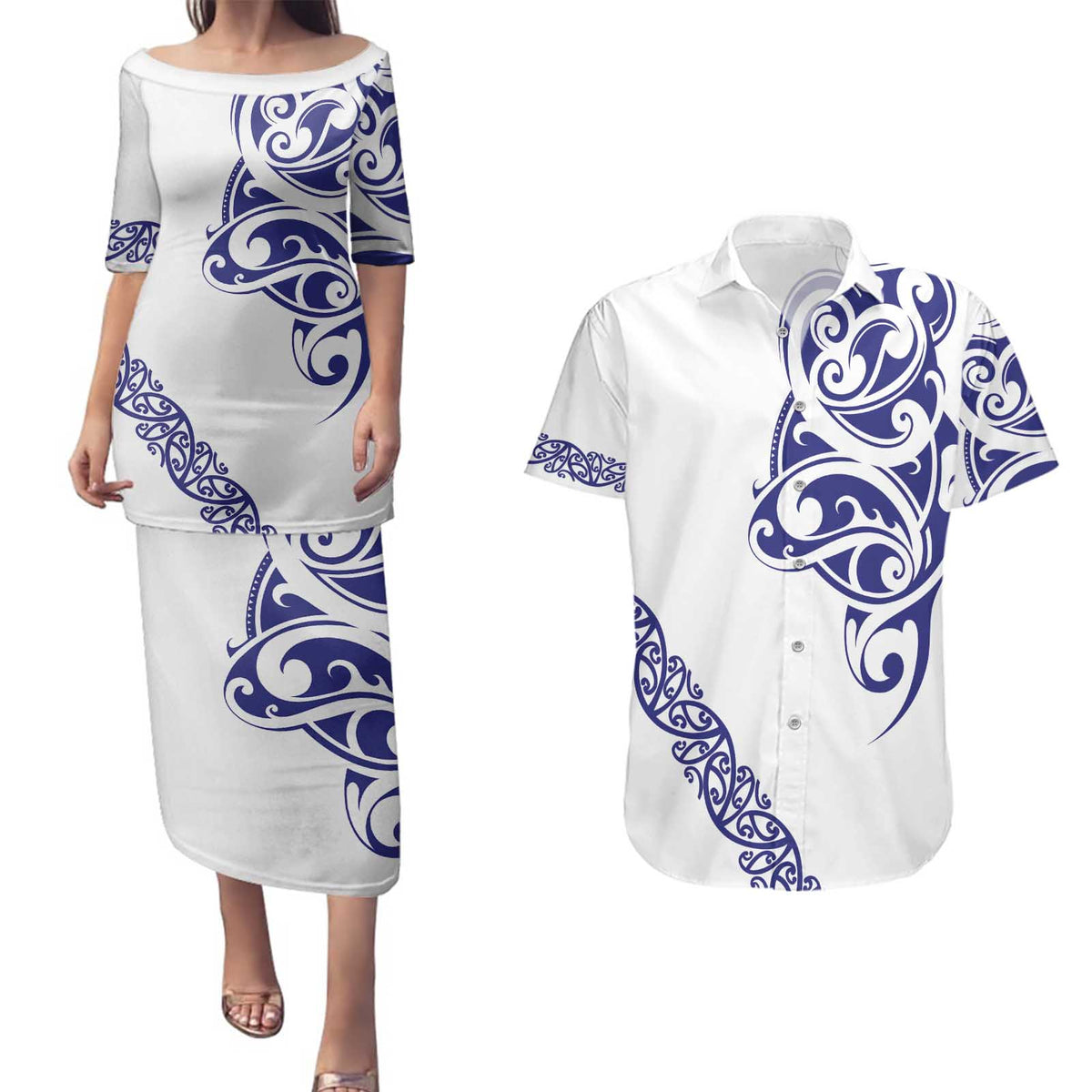 All White Maori Tribal Tattoo Personalised Couples Matching Puletasi and Hawaiian Shirt Dark Blue Polynesian Style LT9 Blue - Polynesian Pride