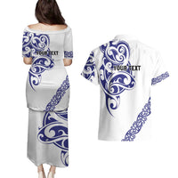 All White Maori Tribal Tattoo Personalised Couples Matching Puletasi and Hawaiian Shirt Dark Blue Polynesian Style LT9 - Polynesian Pride
