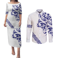 All White Maori Tribal Tattoo Personalised Couples Matching Puletasi and Long Sleeve Button Shirt Dark Blue Polynesian Style LT9 Blue - Polynesian Pride