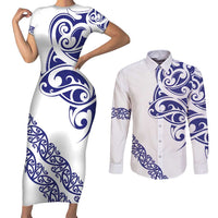 All White Maori Tribal Tattoo Personalised Couples Matching Short Sleeve Bodycon Dress and Long Sleeve Button Shirt Dark Blue Polynesian Style LT9 Blue - Polynesian Pride
