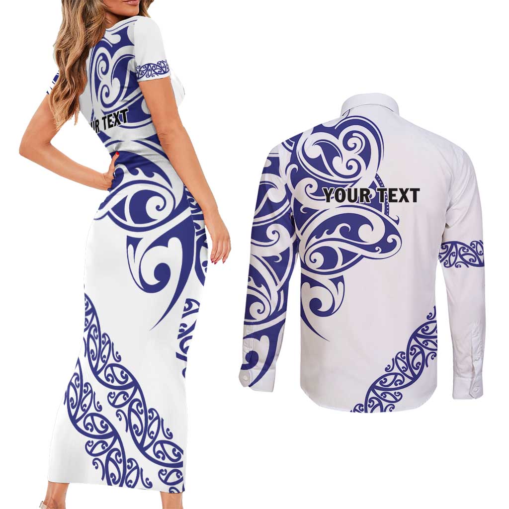 All White Maori Tribal Tattoo Personalised Couples Matching Short Sleeve Bodycon Dress and Long Sleeve Button Shirt Dark Blue Polynesian Style LT9 - Polynesian Pride
