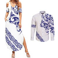 All White Maori Tribal Tattoo Personalised Couples Matching Summer Maxi Dress and Long Sleeve Button Shirt Dark Blue Polynesian Style LT9 Blue - Polynesian Pride