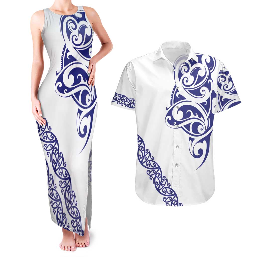 All White Maori Tribal Tattoo Personalised Couples Matching Tank Maxi Dress and Hawaiian Shirt Dark Blue Polynesian Style LT9 Blue - Polynesian Pride