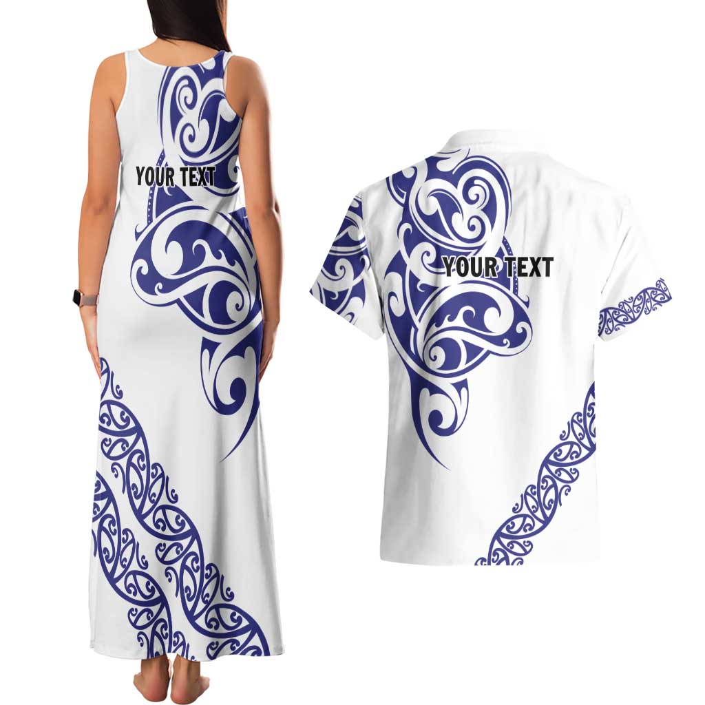 All White Maori Tribal Tattoo Personalised Couples Matching Tank Maxi Dress and Hawaiian Shirt Dark Blue Polynesian Style LT9 - Polynesian Pride