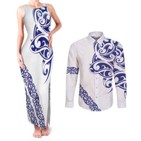 All White Maori Tribal Tattoo Personalised Couples Matching Tank Maxi Dress and Long Sleeve Button Shirt Dark Blue Polynesian Style LT9 Blue - Polynesian Pride