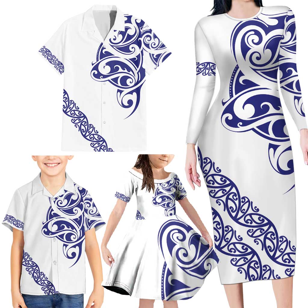 All White Maori Tribal Tattoo Personalised Family Matching Long Sleeve Bodycon Dress and Hawaiian Shirt Dark Blue Polynesian Style LT9 - Polynesian Pride