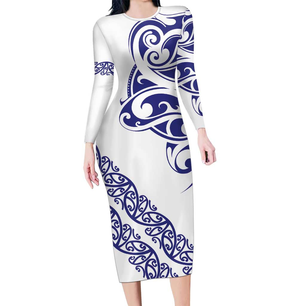 All White Maori Tribal Tattoo Personalised Family Matching Long Sleeve Bodycon Dress and Hawaiian Shirt Dark Blue Polynesian Style LT9 Mom's Dress Blue - Polynesian Pride