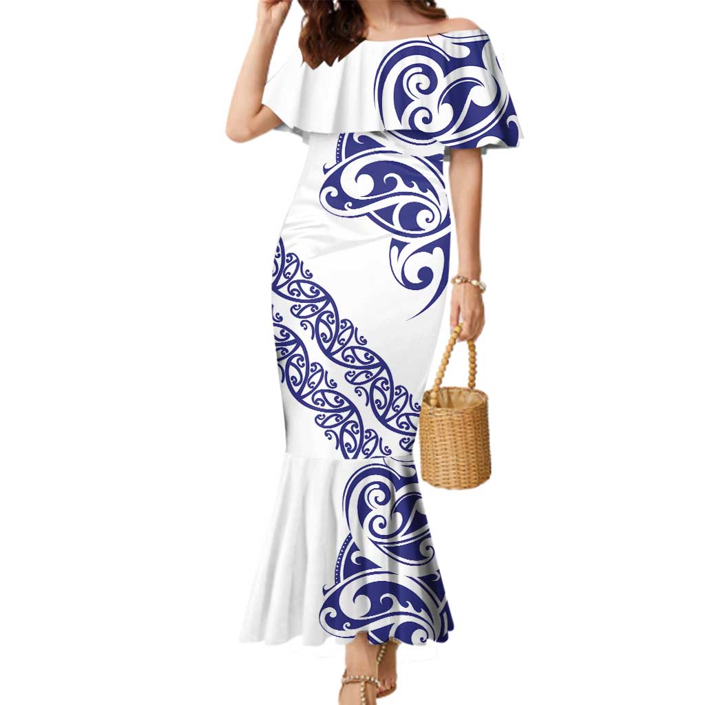 All White Maori Tribal Tattoo Personalised Family Matching Mermaid Dress and Hawaiian Shirt Dark Blue Polynesian Style LT9 Mom's Dress Blue - Polynesian Pride