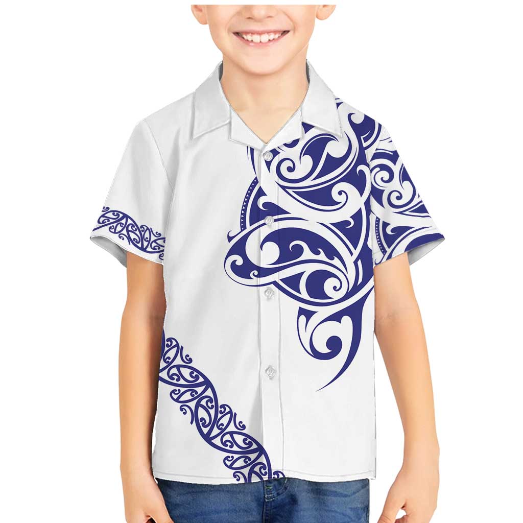 All White Maori Tribal Tattoo Personalised Family Matching Mermaid Dress and Hawaiian Shirt Dark Blue Polynesian Style LT9 Son's Shirt Blue - Polynesian Pride