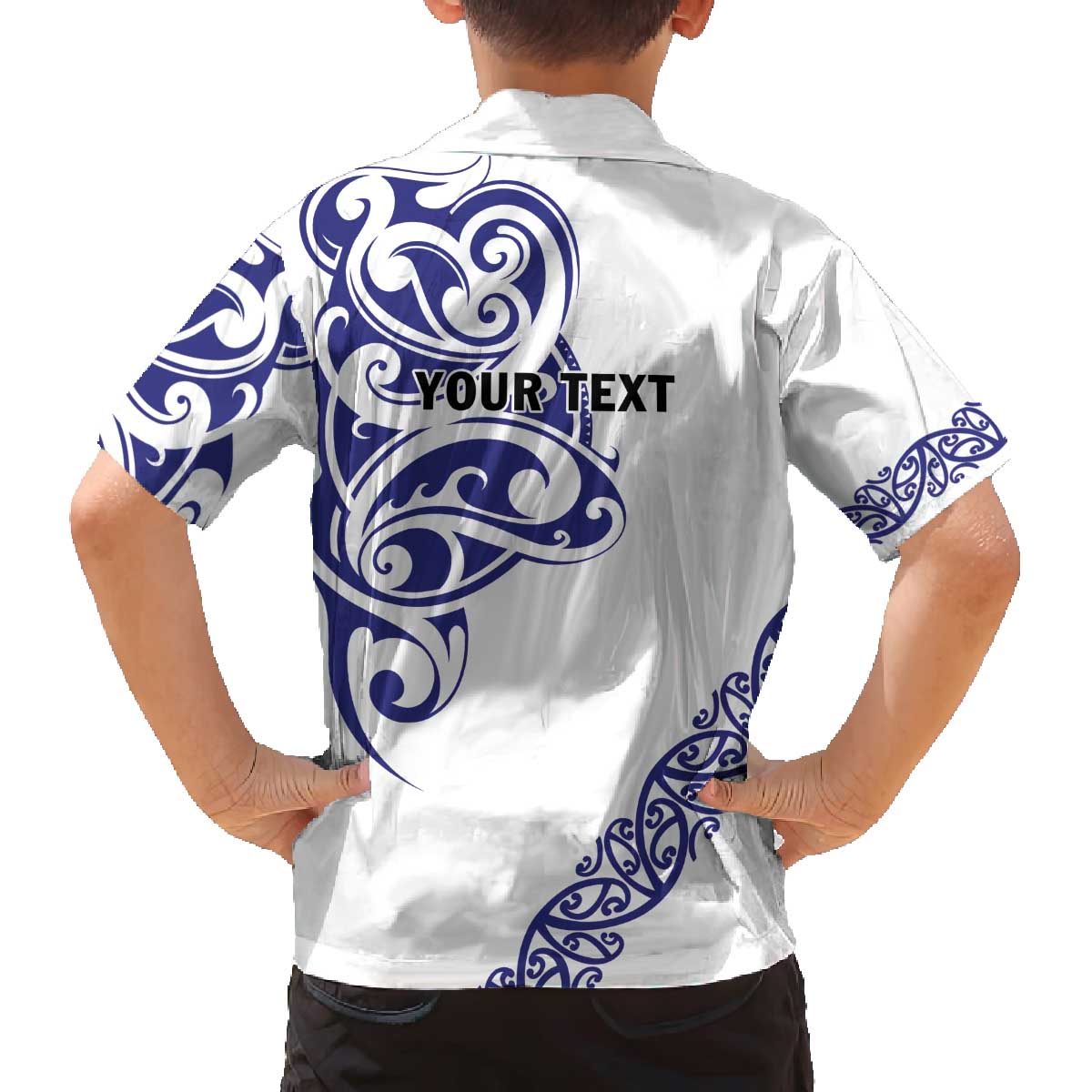All White Maori Tribal Tattoo Personalised Family Matching Off The Shoulder Long Sleeve Dress and Hawaiian Shirt Dark Blue Polynesian Style LT9 - Polynesian Pride