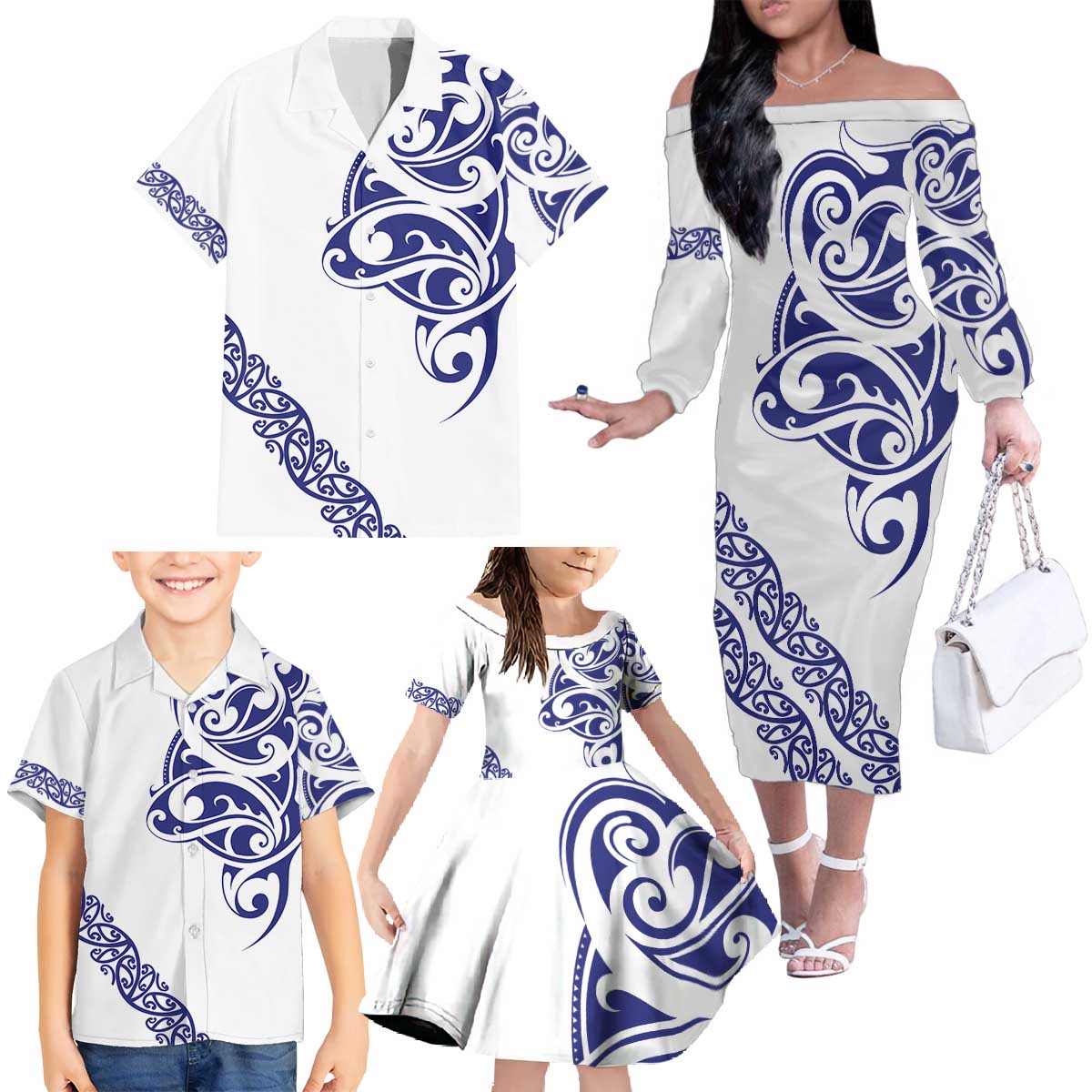 All White Maori Tribal Tattoo Personalised Family Matching Off The Shoulder Long Sleeve Dress and Hawaiian Shirt Dark Blue Polynesian Style LT9 - Polynesian Pride