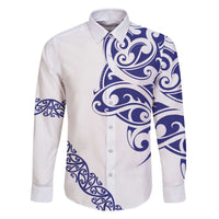 All White Maori Tribal Tattoo Personalised Family Matching Off The Shoulder Long Sleeve Dress and Hawaiian Shirt Dark Blue Polynesian Style LT9 Dad's Shirt - Long Sleeve Blue - Polynesian Pride