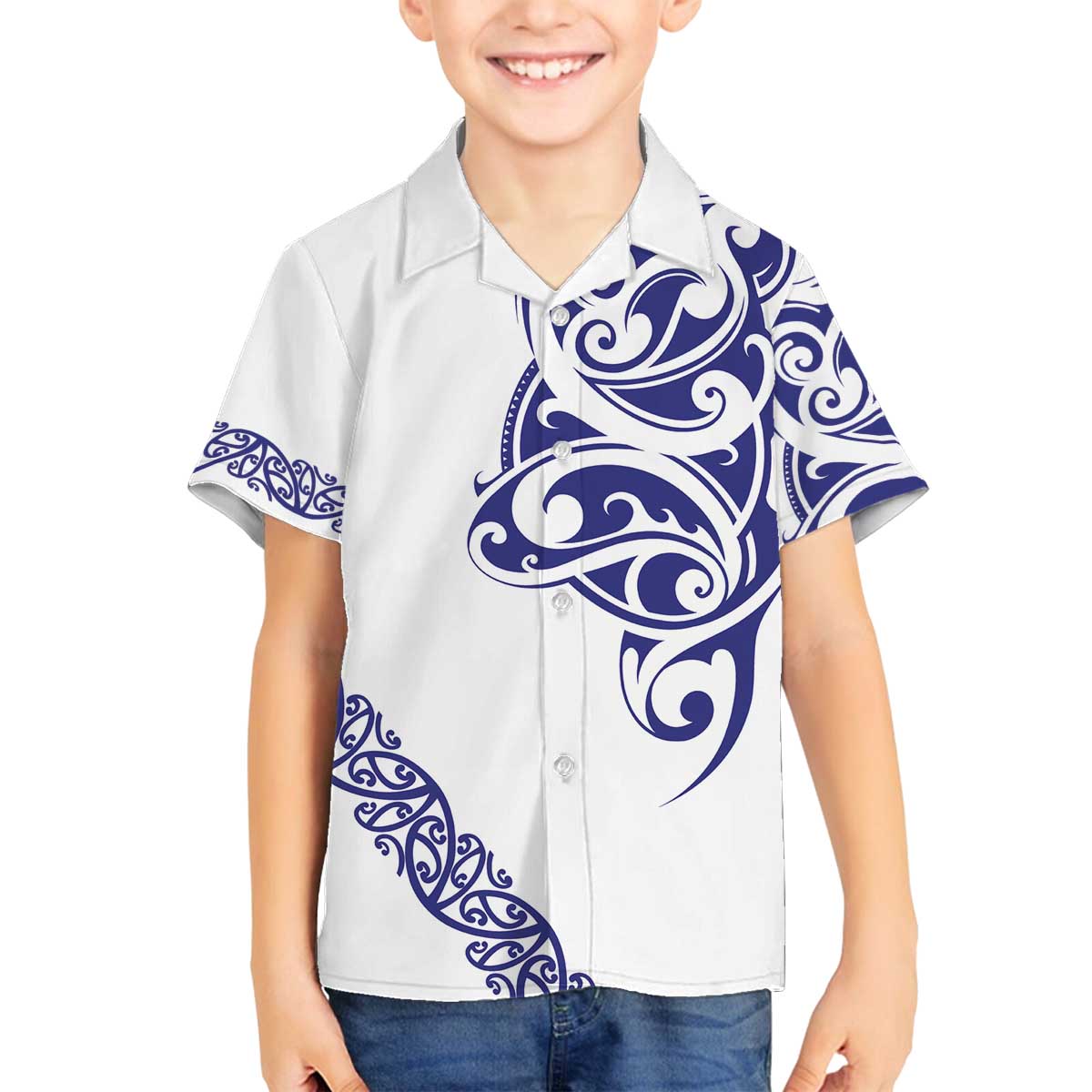 All White Maori Tribal Tattoo Personalised Family Matching Off The Shoulder Long Sleeve Dress and Hawaiian Shirt Dark Blue Polynesian Style LT9 Son's Shirt Blue - Polynesian Pride