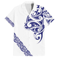 All White Maori Tribal Tattoo Personalised Family Matching Off Shoulder Maxi Dress and Hawaiian Shirt Dark Blue Polynesian Style LT9 Dad's Shirt - Short Sleeve Blue - Polynesian Pride