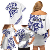 All White Maori Tribal Tattoo Personalised Family Matching Off Shoulder Short Dress and Hawaiian Shirt Dark Blue Polynesian Style LT9 - Polynesian Pride