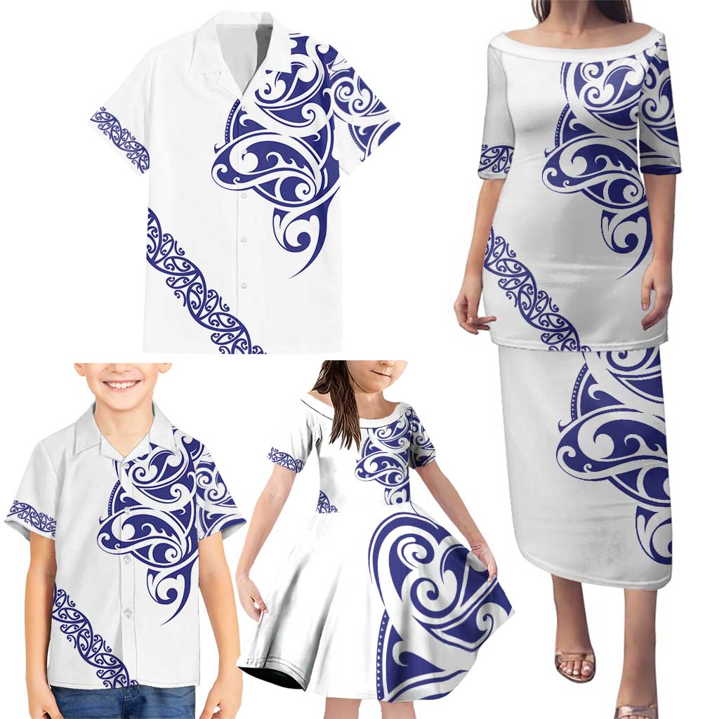 All White Maori Tribal Tattoo Personalised Family Matching Puletasi and Hawaiian Shirt Dark Blue Polynesian Style LT9 - Polynesian Pride