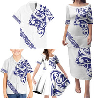 All White Maori Tribal Tattoo Personalised Family Matching Puletasi and Hawaiian Shirt Dark Blue Polynesian Style LT9 - Polynesian Pride