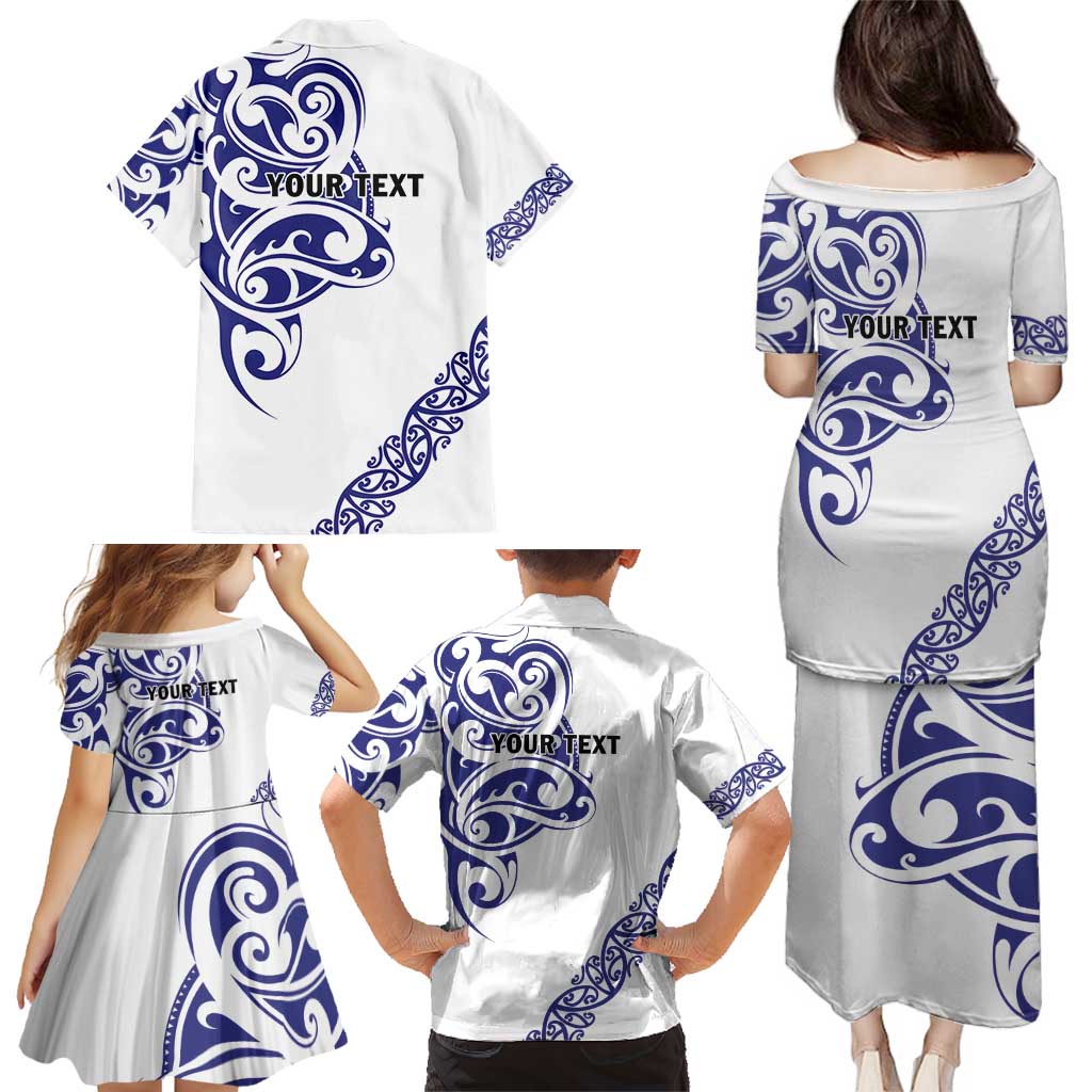 All White Maori Tribal Tattoo Personalised Family Matching Puletasi and Hawaiian Shirt Dark Blue Polynesian Style LT9 - Polynesian Pride