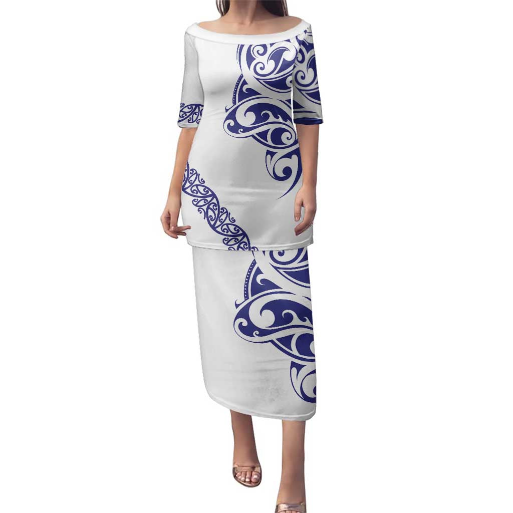 All White Maori Tribal Tattoo Personalised Family Matching Puletasi and Hawaiian Shirt Dark Blue Polynesian Style LT9 Mom's Dress Blue - Polynesian Pride
