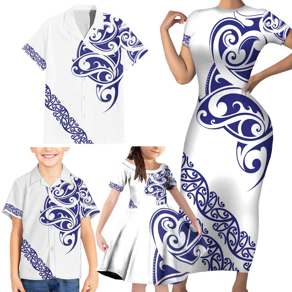 All White Maori Tribal Tattoo Personalised Family Matching Short Sleeve Bodycon Dress and Hawaiian Shirt Dark Blue Polynesian Style LT9 - Polynesian Pride