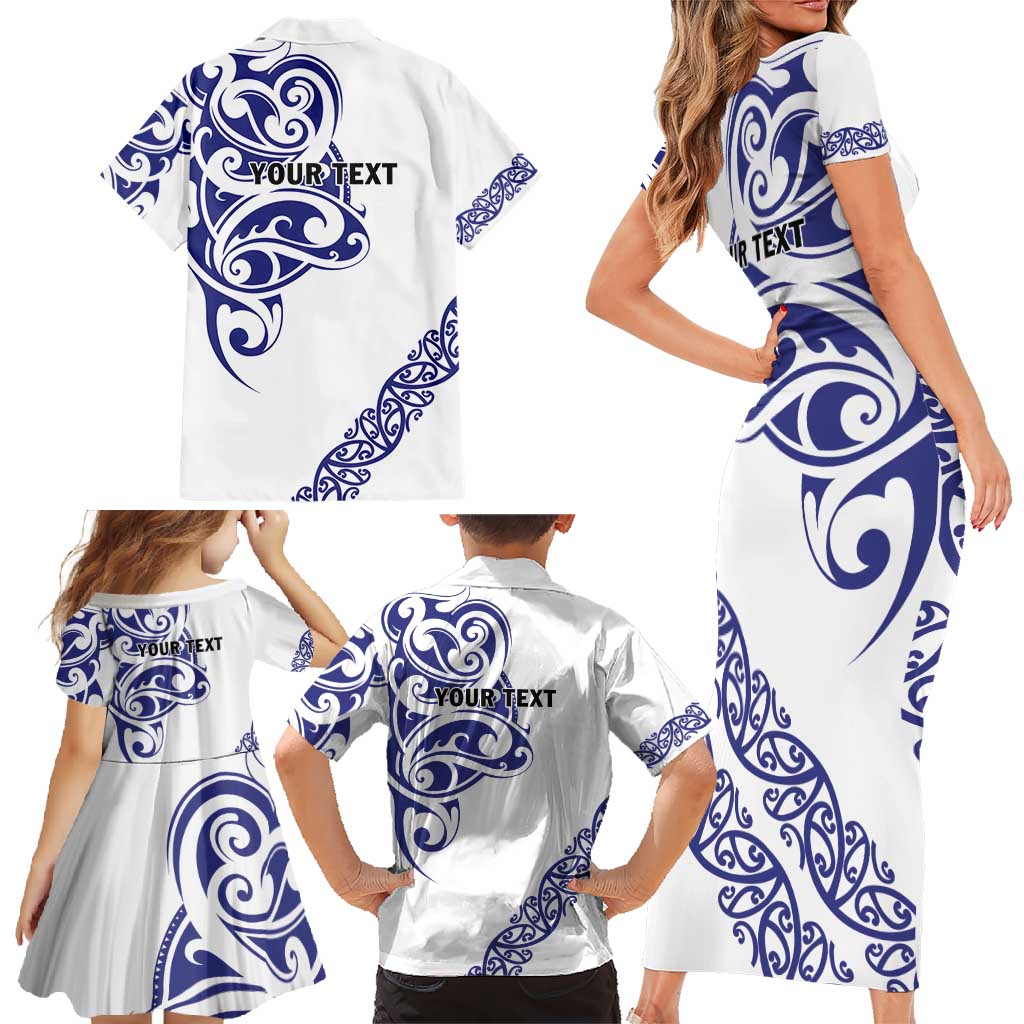 All White Maori Tribal Tattoo Personalised Family Matching Short Sleeve Bodycon Dress and Hawaiian Shirt Dark Blue Polynesian Style LT9 - Polynesian Pride