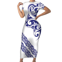 All White Maori Tribal Tattoo Personalised Family Matching Short Sleeve Bodycon Dress and Hawaiian Shirt Dark Blue Polynesian Style LT9 Mom's Dress Blue - Polynesian Pride
