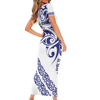 All White Maori Tribal Tattoo Personalised Family Matching Short Sleeve Bodycon Dress and Hawaiian Shirt Dark Blue Polynesian Style LT9 - Polynesian Pride