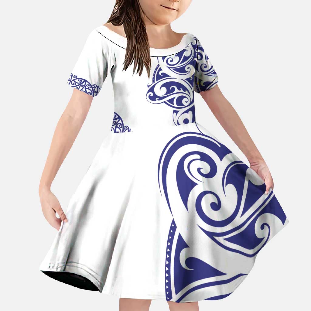 All White Maori Tribal Tattoo Personalised Family Matching Summer Maxi Dress and Hawaiian Shirt Dark Blue Polynesian Style LT9 Daughter's Dress Blue - Polynesian Pride