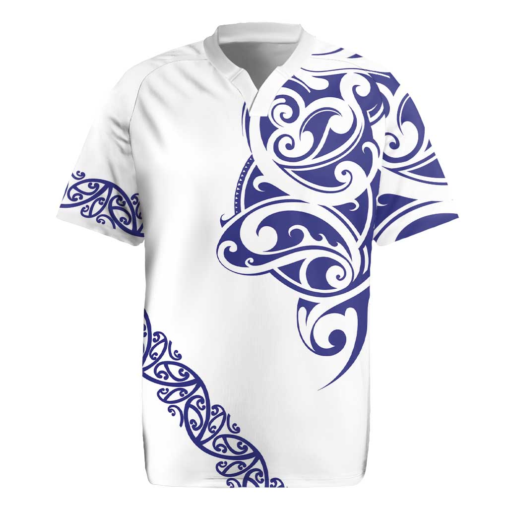 All White Maori Tribal Tattoo Personalised Rugby Jersey Dark Blue Polynesian Style - Polynesian Pride