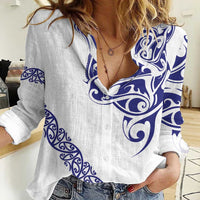 All White Maori Tribal Tattoo Personalised Women Casual Shirt Dark Blue Polynesian Style LT9 Female Blue - Polynesian Pride