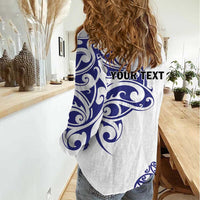 All White Maori Tribal Tattoo Personalised Women Casual Shirt Dark Blue Polynesian Style LT9 - Polynesian Pride