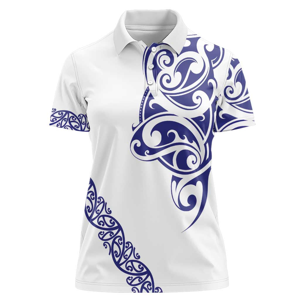 All White Maori Tribal Tattoo Personalised Women Polo Shirt Dark Blue Polynesian Style - Polynesian Pride