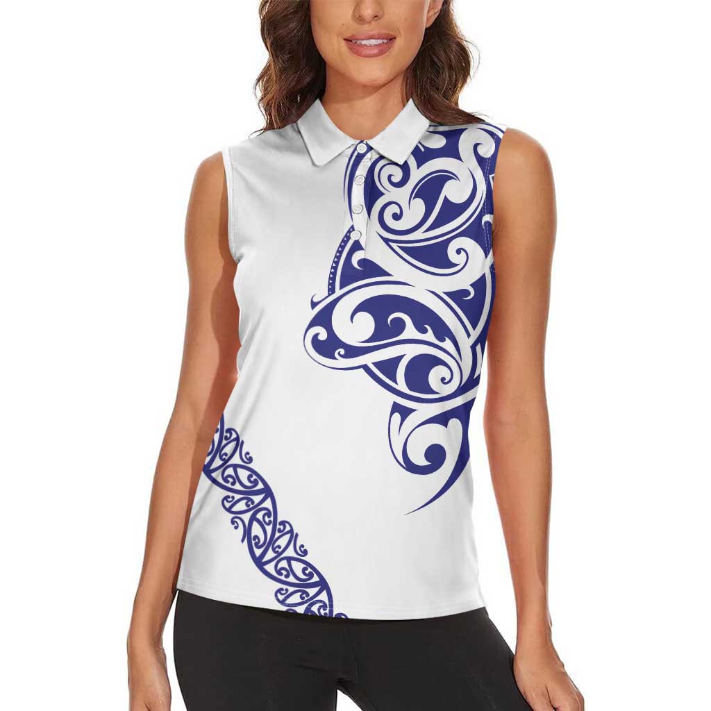 All White Maori Tribal Tattoo Personalised Women Sleeveless Polo Shirt Dark Blue Polynesian Style LT9 - Polynesian Pride