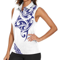 All White Maori Tribal Tattoo Personalised Women Sleeveless Polo Shirt Dark Blue Polynesian Style LT9 - Polynesian Pride