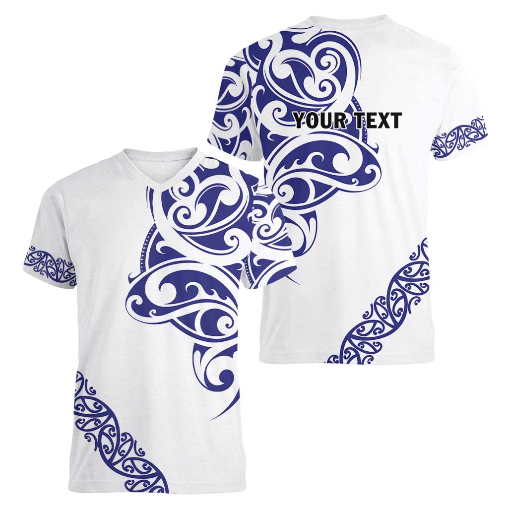 All White Maori Tribal Tattoo Personalised Women V-Neck T-Shirt Dark Blue Polynesian Style LT9 - Polynesian Pride