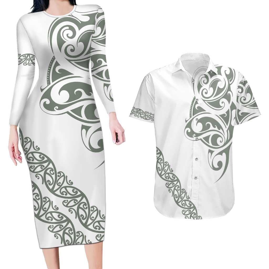 All White Maori Tribal Tattoo Personalised Couples Matching Long Sleeve Bodycon Dress and Hawaiian Shirt Moss Green Polynesian Style LT9 Green - Polynesian Pride