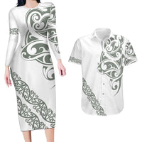 All White Maori Tribal Tattoo Personalised Couples Matching Long Sleeve Bodycon Dress and Hawaiian Shirt Moss Green Polynesian Style LT9 Green - Polynesian Pride