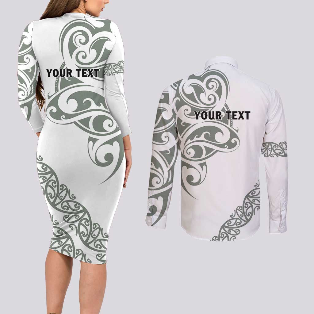 All White Maori Tribal Tattoo Personalised Couples Matching Long Sleeve Bodycon Dress and Long Sleeve Button Shirt Moss Green Polynesian Style LT9 - Polynesian Pride