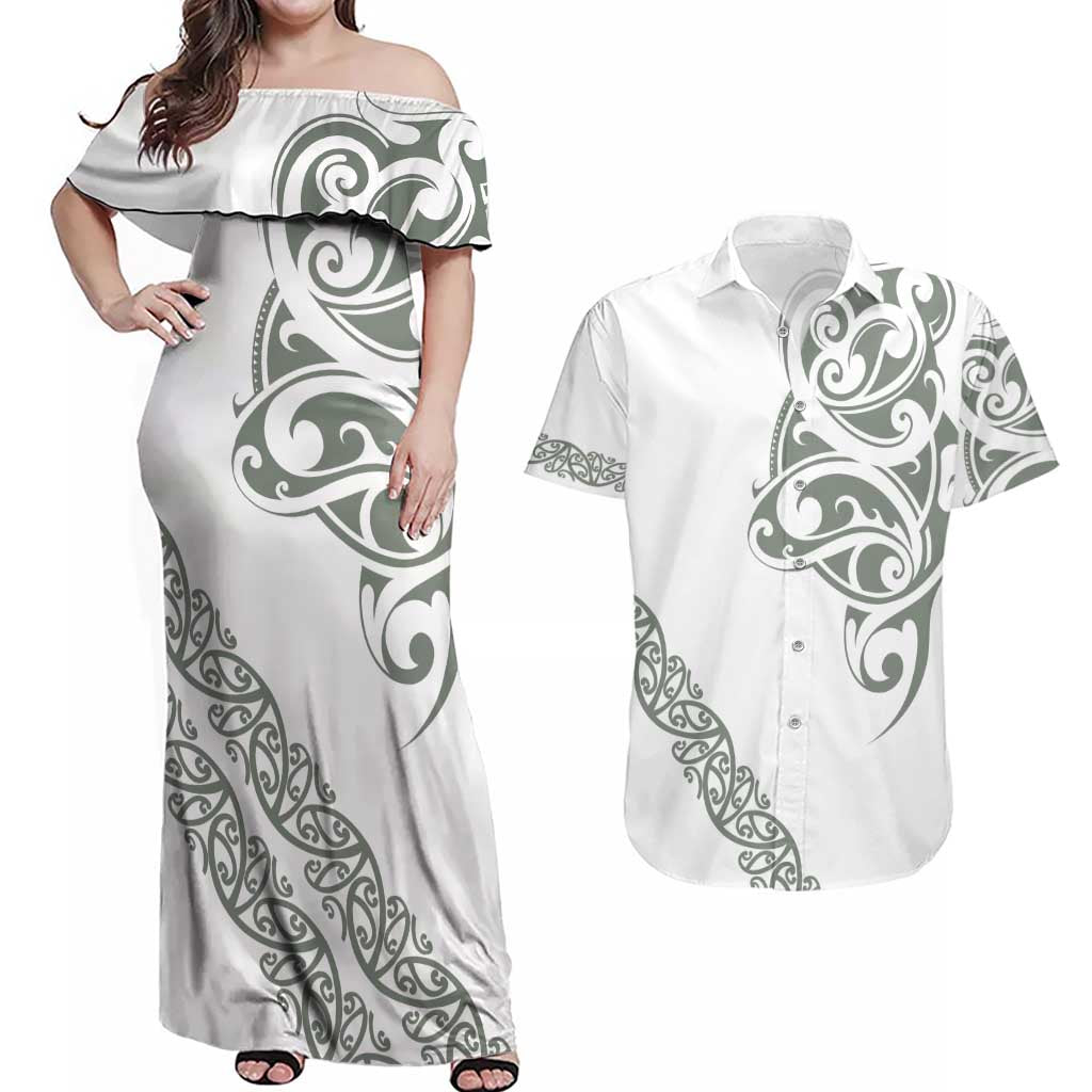 All White Maori Tribal Tattoo Personalised Couples Matching Off Shoulder Maxi Dress and Hawaiian Shirt Moss Green Polynesian Style LT9 Green - Polynesian Pride
