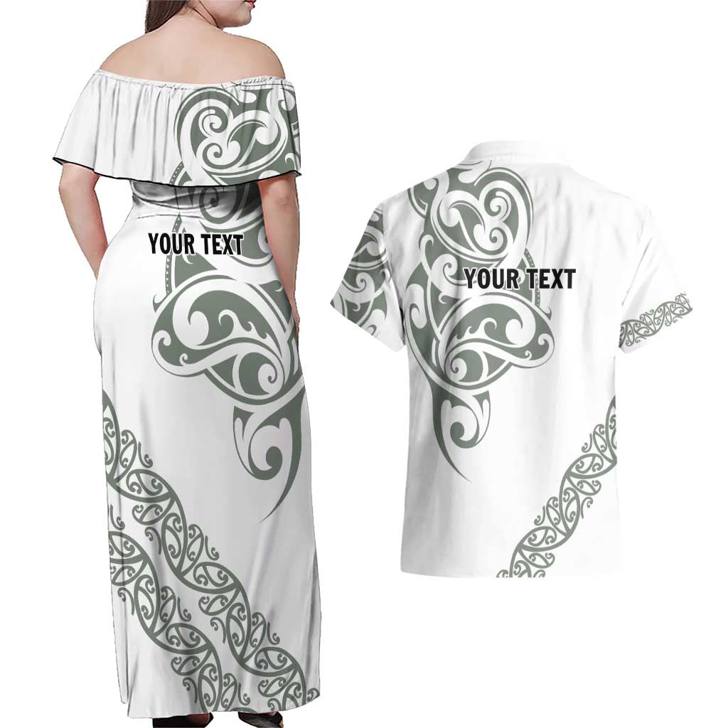 All White Maori Tribal Tattoo Personalised Couples Matching Off Shoulder Maxi Dress and Hawaiian Shirt Moss Green Polynesian Style LT9 - Polynesian Pride
