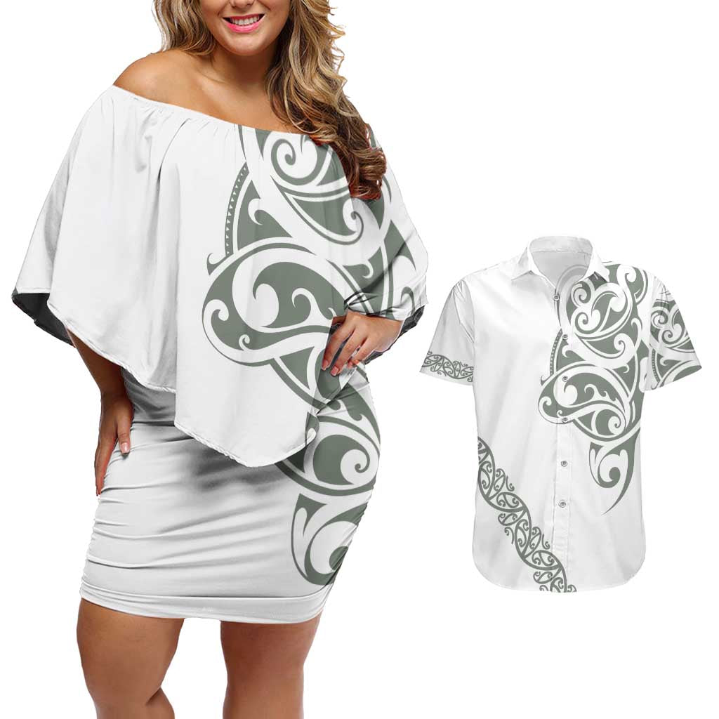 All White Maori Tribal Tattoo Personalised Couples Matching Off Shoulder Short Dress and Hawaiian Shirt Moss Green Polynesian Style LT9 Green - Polynesian Pride