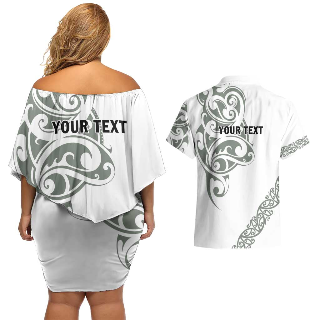 All White Maori Tribal Tattoo Personalised Couples Matching Off Shoulder Short Dress and Hawaiian Shirt Moss Green Polynesian Style LT9 - Polynesian Pride