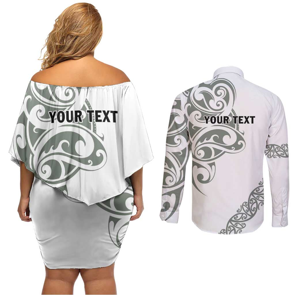 All White Maori Tribal Tattoo Personalised Couples Matching Off Shoulder Short Dress and Long Sleeve Button Shirt Moss Green Polynesian Style LT9 - Polynesian Pride