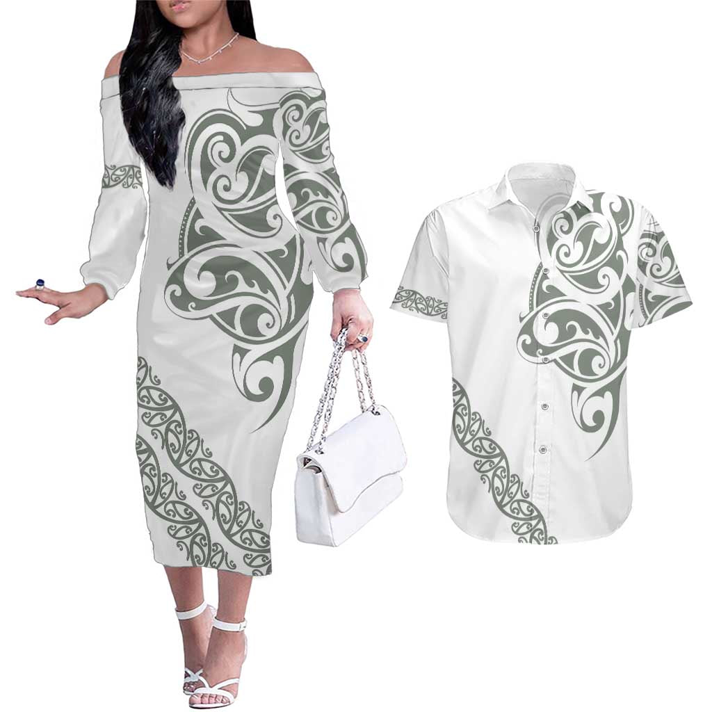 All White Maori Tribal Tattoo Personalised Couples Matching Off The Shoulder Long Sleeve Dress and Hawaiian Shirt Moss Green Polynesian Style LT9 Green - Polynesian Pride