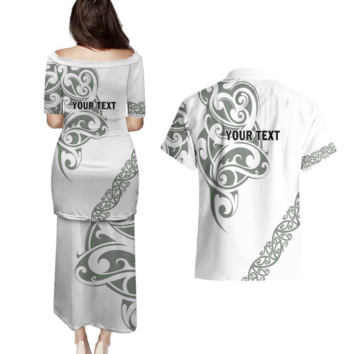 All White Maori Tribal Tattoo Personalised Couples Matching Puletasi and Hawaiian Shirt Moss Green Polynesian Style LT9 - Polynesian Pride