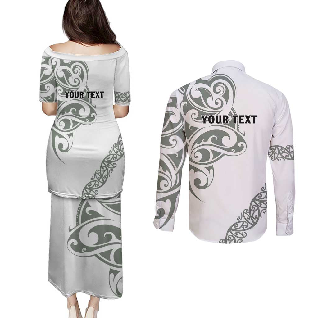 All White Maori Tribal Tattoo Personalised Couples Matching Puletasi and Long Sleeve Button Shirt Moss Green Polynesian Style LT9 - Polynesian Pride