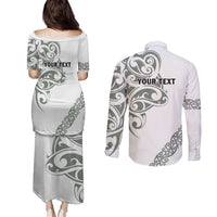 All White Maori Tribal Tattoo Personalised Couples Matching Puletasi and Long Sleeve Button Shirt Moss Green Polynesian Style LT9 - Polynesian Pride